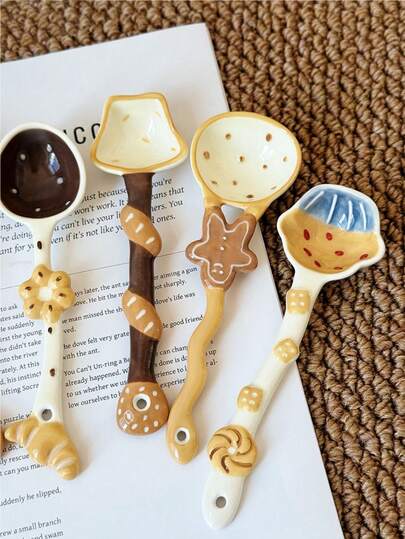 Cute Ceramic Spoon, High-Value Bread Long-Handled Soup Spoon, Ceramic Rice Spoon, Home Cartoon Spoon, Soup Spoon, Dessert Spoon,