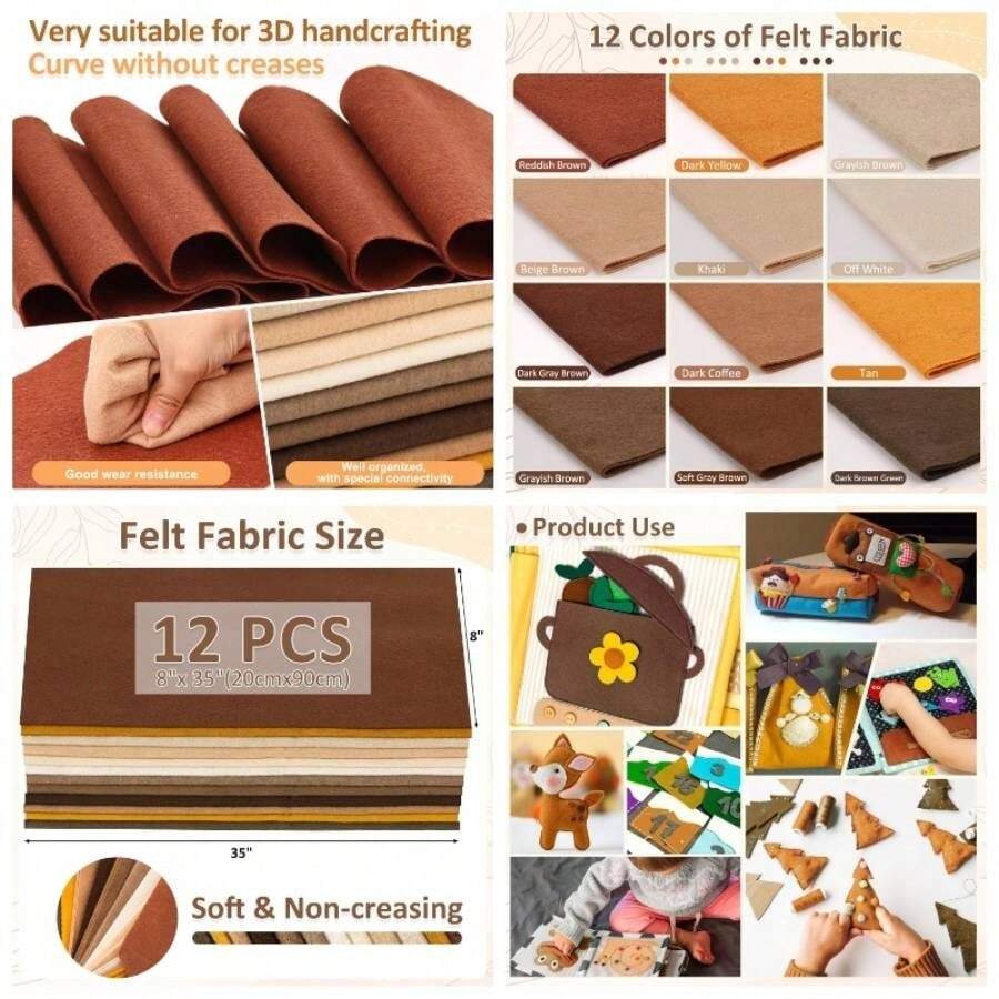 12 rollos de 8x 35 pulgadas, 1, 4 mm de grosor, hoja de tela de fieltro suave, 12 colores surtidos de la serie Morandi paquete de fieltro, para manualidades, costura, cuadrados, parches no - Serie Marrón - Ver 1