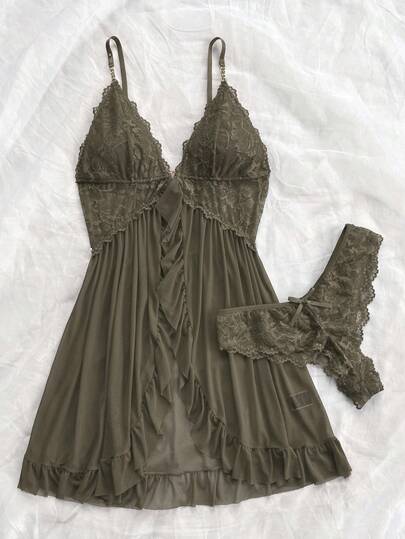 Women's Sexy Solid Color Lace Camisole Nightgown With Matching Lace Panties, V-Neck Design Accentuates Elegant Neckline, Delicate Lace Patterns Add Soft Femininity, Ruffled Hem And Bust Bring Playful Charm, Ideal Gift For Her On Christmas, Valentine's Day