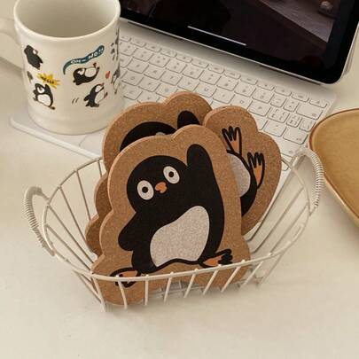 2个可爱企鹅造型软木杯垫 | 卡通不规则隔热 | 加厚防烫桌面保护