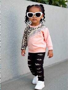 Baby Girls Leopard Print Patchwork Graphic Long Sleeve Top + Leopard Print Pants 2pcs Set - Pink - View 5