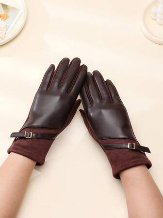 1 Pair Women's Black Faux Leather Metal Accent Decorated Motorcycle Style Suede Touchscreen Gloves, Thick & Warm, Suitable For Autumn/Winter