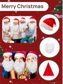 两件套圣诞老人服装，包括薄款和厚款圣诞帽以及假胡子，适合圣诞节、新年主题派对和聚会。 - 彩色 - 查看 1