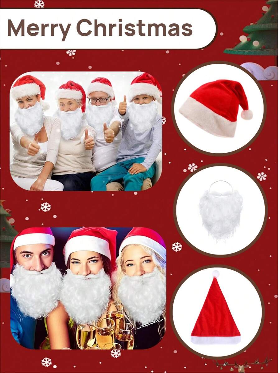 两件套圣诞老人服装，包括薄款和厚款圣诞帽以及假胡子，适合圣诞节、新年主题派对和聚会。 - 彩色 - 查看 1