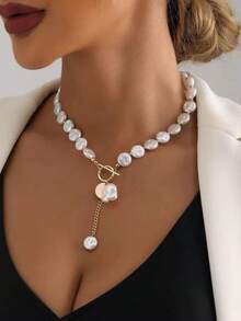 1 chiếc vòng cổ ngọc trai giả phẳng kiểu Baroque tối giản, thanh lịch, khóa cài OT, dây tua rua, thích hợp đeo hàng ngày và dự tiệc. - Dây chuyền tua rua khóa OT ngọc trai dẹt - Xem 2