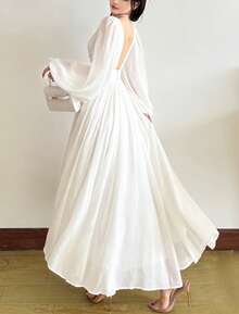 YeonC 长袖性感V领纯色修身长裙