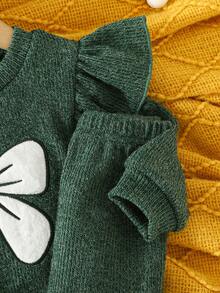 2pcs/Set Baby Girls Casual Cute Embroidered Bow Ruffle Cuff Long Sleeve Sweatshirt Matched With Solid Color Pants Outfit, Autumn/Winter - Green - View 8