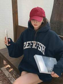 女式刺绣连帽宽松抽绳休闲长袖运动衫 - 藏蓝色 - 查看 2