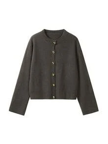 Cardigan de punto acanalado gris de cuello redondo estilo Y2K para mujer, chaqueta suéter holgada con botones metálicos, adecuada para el uso diario y citas - Café de flores - Ver 7