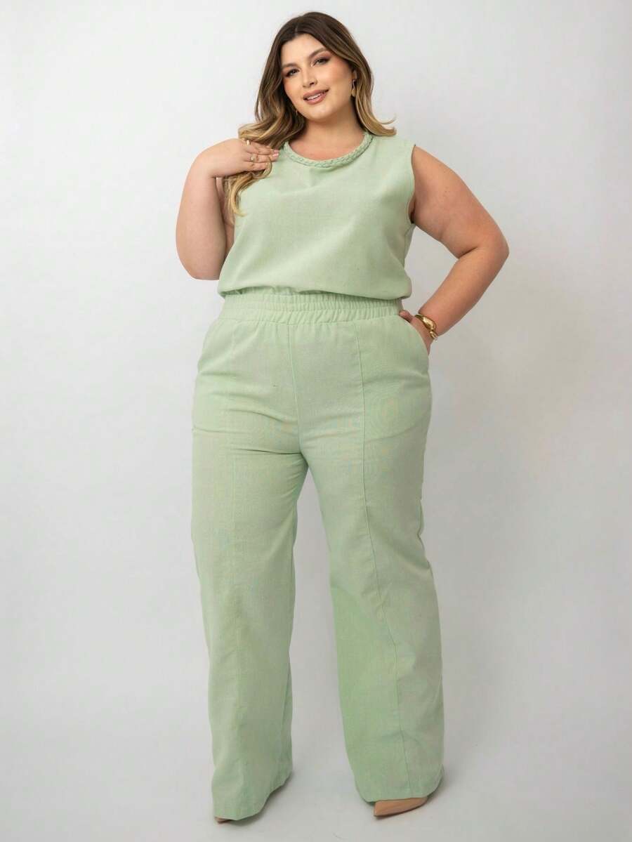 Women's Plus Size Linen Set: Tank Top And Wide-Leg Pants - Verde Claro - 查看 1
