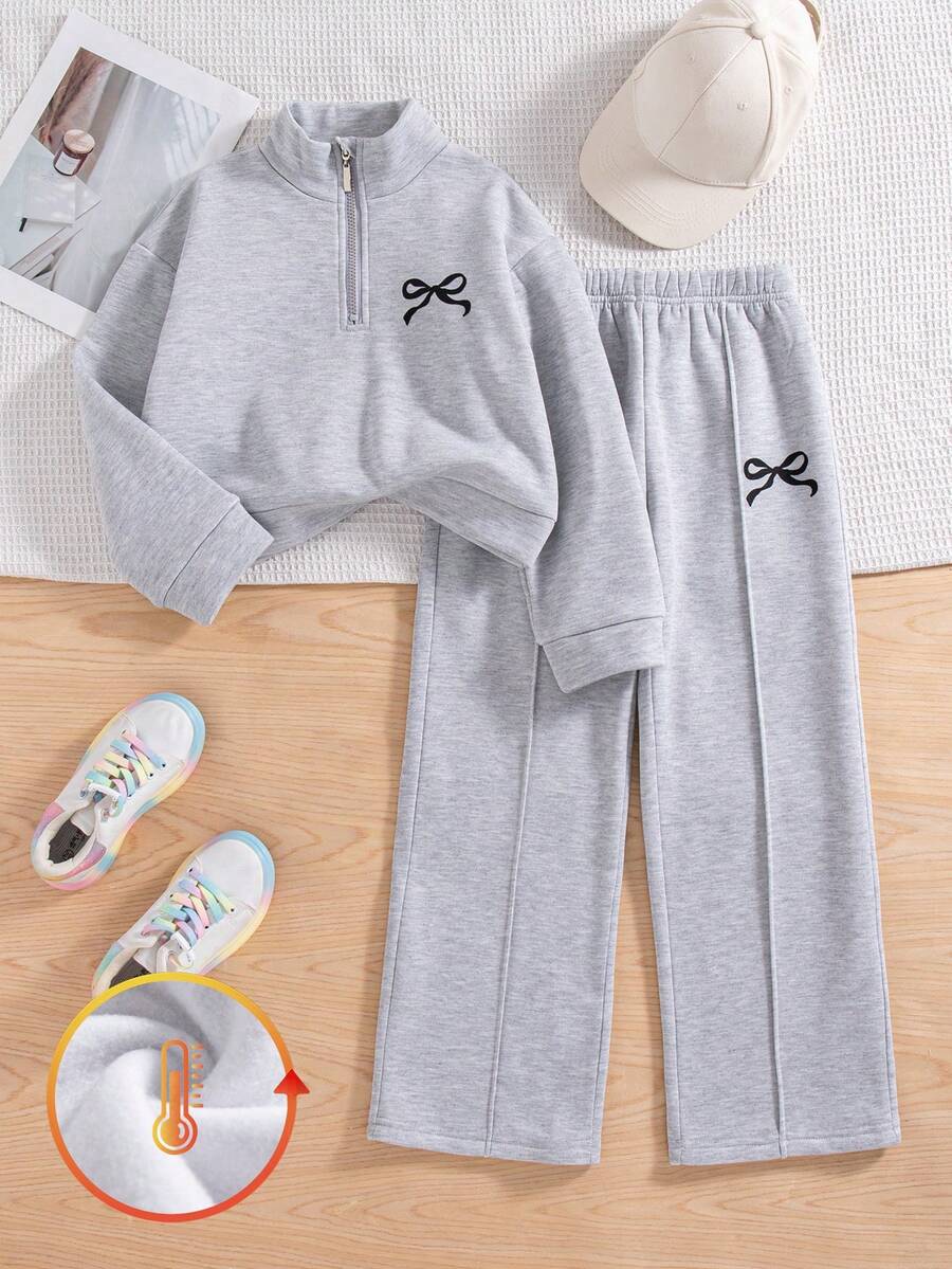 两件套少女休闲蝴蝶印花落肩圆领长袖卫衣长裤套装，保暖连帽衫和长裤，秋冬季