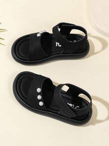 1双女童夏季新款珍珠设计时尚公主凉鞋，儿童软底鞋，幼儿沙滩鞋，时尚女童款 - 黑色 - 查看 3