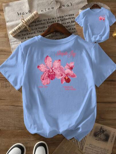 | 1 Playera para Mujer 100% Algodón Transpirable| Camiseta Casual para Mujer con Estampado Floral Rosa - Diseño "Simple Joy" con Orquídea y Mariposa, Manga Corta, Cuello Redondo, Suave y Cómoda, para Uso en Todas las Estaciones, Camisetas para Mujer, Ropa de Invierno para Mujer - Ideal para el Verano