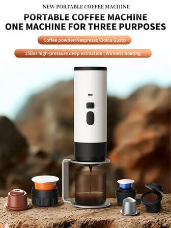 Máquina de café en cápsula portátil, calentamiento inalámbrico totalmente automático, máquina de café portátil para el hogar y el exterior, mini máquina de café con USB-C, máquina de café para automóvil con café molido y cápsulas, adecuada para autocaravana, senderismo y oficina