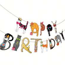 Pancarta de cumpleaños con temática de gatos - Decoración de fiesta colorida y divertida para amantes de los gatos (Guirnalda de cumpleaños feliz de gatos divertidos) - Guirnalda de cumpleaños feliz de gatos - Multicolor - Ver 1