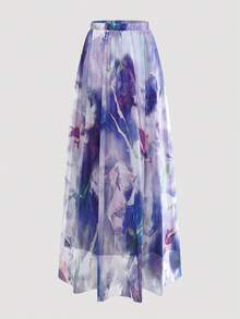 网眼印花长款松紧腰优雅 A 字裙 - 紫色 - 查看 1