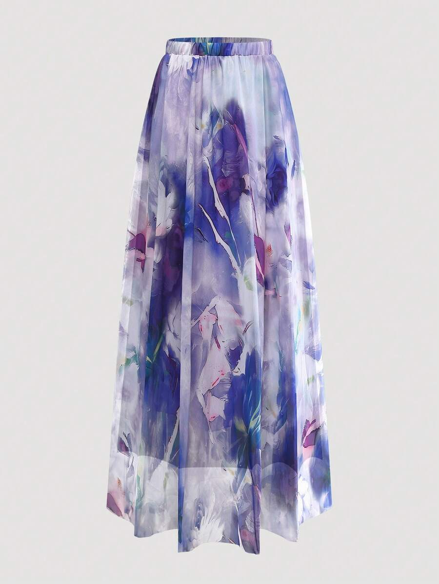 网眼印花长款松紧腰优雅 A 字裙 - 紫色 - 查看 1