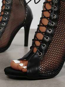 女士新款时尚亮面透气镂空网眼系带拉链装饰露趾防滑圆头细高跟踝靴，性感现代欧美风舞鞋，增高黑色高跟凉鞋 - 黑色 - 查看 6