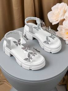 1 Pair Children's Fashion Rhinestone Butterfly Thick-Sole Sandals - Silver White, With Elastic Ankle Strap, Cute, Comfortable And Elegant. They Are Great For Daily Wear, School Life, Park Play And Summer Outings, And Can Be Easily Paired With Various Outfits. - Silver - View 3