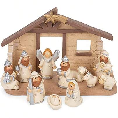 TII Little Manger Scene Neutral 4 X 6 Inch Resin Christmas Story Nativity 12 Piece Set