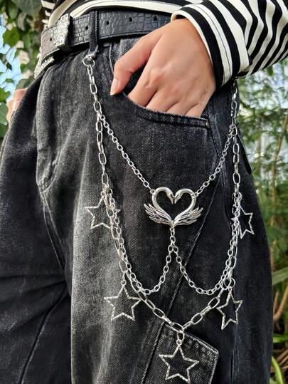 1 buc lanț pentru pantaloni în formă de inimă, lanț decorativ pentru pantaloni cu stea goală, personalizat unisex, potrivit pentru decorarea pantalonilor, ocazii casual, festivaluri de muzică, accesorii de petrecere