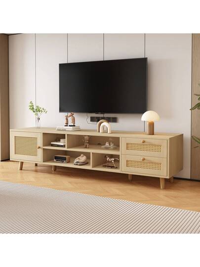 High End 160cm Rattan TV St In Wood Finish 70 Inch TVs Cable Management, Drawers, Door, Unit, Base Living Room Furniture, Low view 2