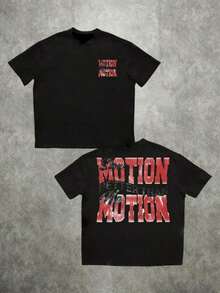 [Sporty T-Shirt]Slow Motion Better Than Motion Double Sided Digital Printed 220g 1pcs Plus Size Men's Casual 100% Cotton Tee  Vintage Style Graphic Tee ShirtRelaxed Plus Size T-Shirt - 黑色 - 查看 1
