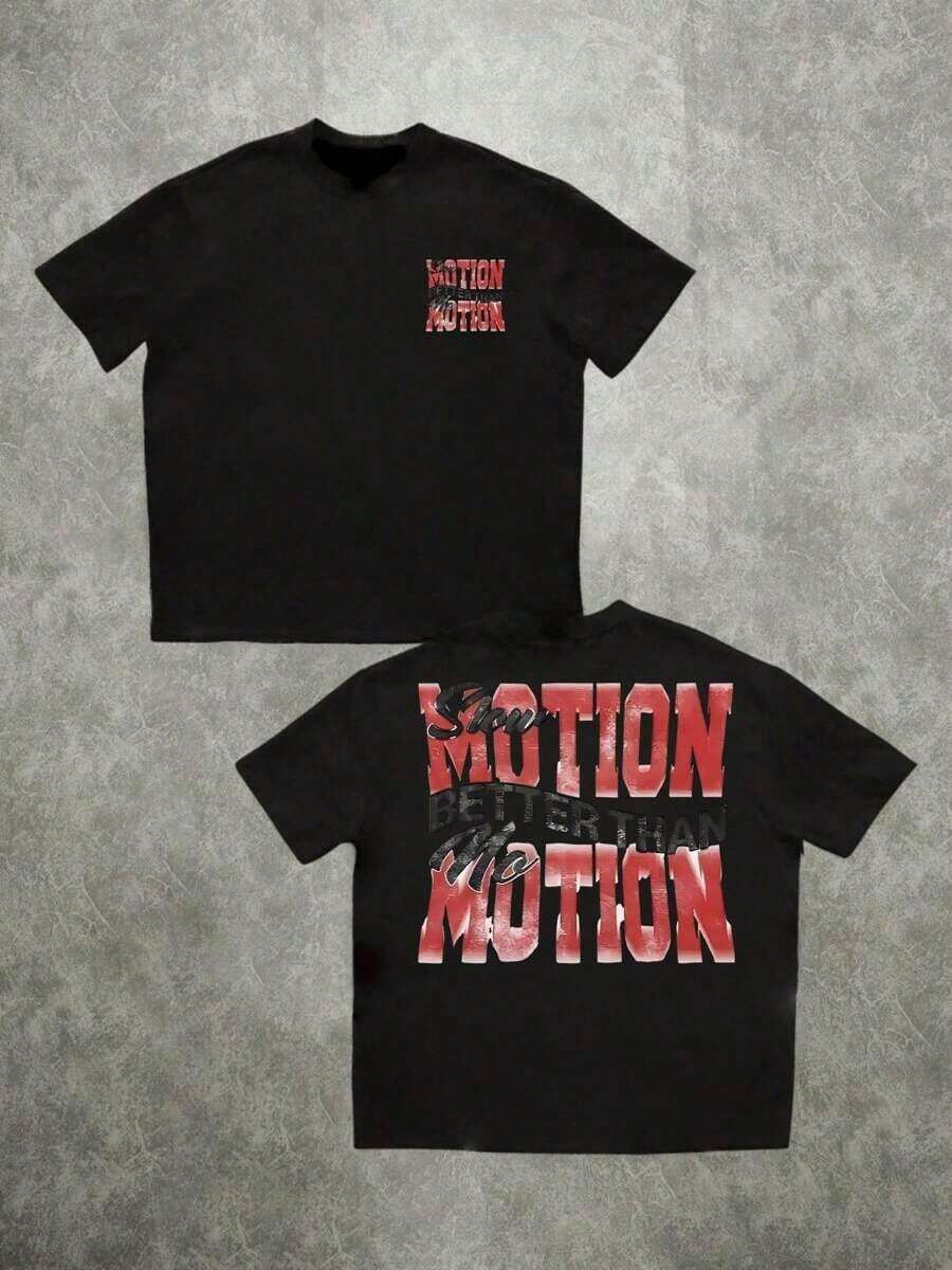 [Sporty T-Shirt]Slow Motion Better Than Motion Double Sided Digital Printed 220g 1pcs Plus Size Men's Casual 100% Cotton Tee  Vintage Style Graphic Tee ShirtRelaxed Plus Size T-Shirt - 黑色 - 查看 1