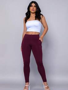 Women's Riding Leggings In Flannel-Lined Spandex With Pockets And High Waist - Burgundy - View 1