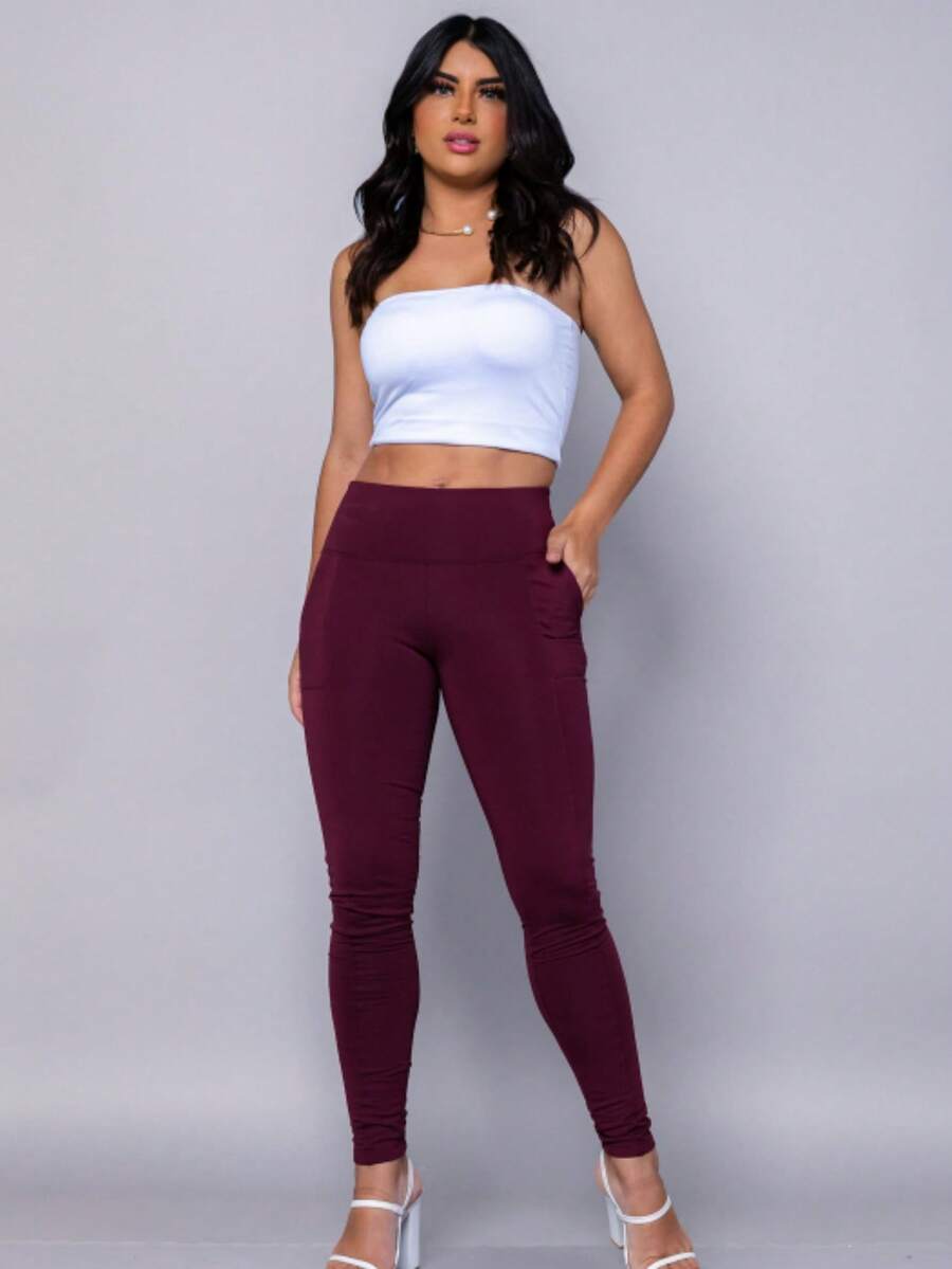 Women's Riding Leggings In Flannel-Lined Spandex With Pockets And High Waist - Burgundy - View 1