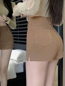 高腰修身短裤，弹性裤脚和侧开衩设计，夏季显腿长 - 卡其色 - 查看 6