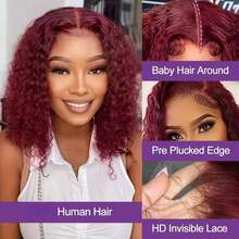 Burgundy 99J Short Deep Wave Lace Front Wigs Human Hair Glueless Wigs Pre Plucked With Baby Hair 250 Density 13x4 HD Transparent Bob Lace Frontal Wigs For Women Brazilian Virgin Kinky Curly Human Hair Wig Natural Hairline - Màu Đỏ Sâu - Xem 3