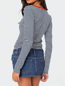 Blusa de manga larga de ajuste holgado con bloques de color y rayas, estilo europeo y americano, nueva moda - Multicolor - Ver 3