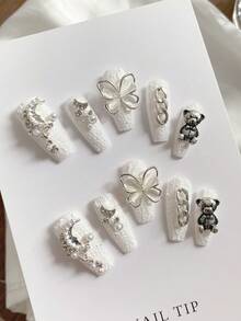 1 set de décorations vintage de style baroque en plâtre en forme de cercueil, autocollants d'art pour les ongles faits main avec un ours en peluche métallique chic, style minimaliste punk métal, convient à toutes les femmes, fêtes, anniversaires et autres occasions. Fournitures pour les ongles, faux ongles pressés à la main. - Multicolore - Voir 3