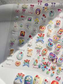 1 miếng dán móng tay 3D hình thỏ vườn hoa, hình thỏ dễ thương, hoa nhiều màu sắc, nơ, hoa tulip nở rộ, hình dán móng tay 5D lãng mạn, trang trí móng tay DIY mộng mơ dành cho nữ, phụ kiện làm móng mùa xuân, miếng dán móng tay - Nhiều màu - Xem 2