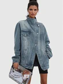 Women's Vintage Washed High Neck Asymmetric Button Loose Denim Jacket, Street Style Fashion Versatile Jacket Top, Suitable For Spring, Autumn And Winter Seasons - 淺藍色 - 查看 3
