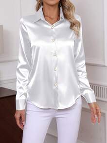 Elegant Satin Shirt For Women, Classic Soft Comfortable Single-Breasted Long Sleeve Solid Color Blouse, 2025 New Arrival - White - View 2