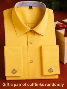 1pc Men's French Cuff Long Sleeve Formal Dress Shirt, Groom & Groomsman Wedding Party Attire, Comes With Random Cufflinks - Màu vàng - Xem 1
