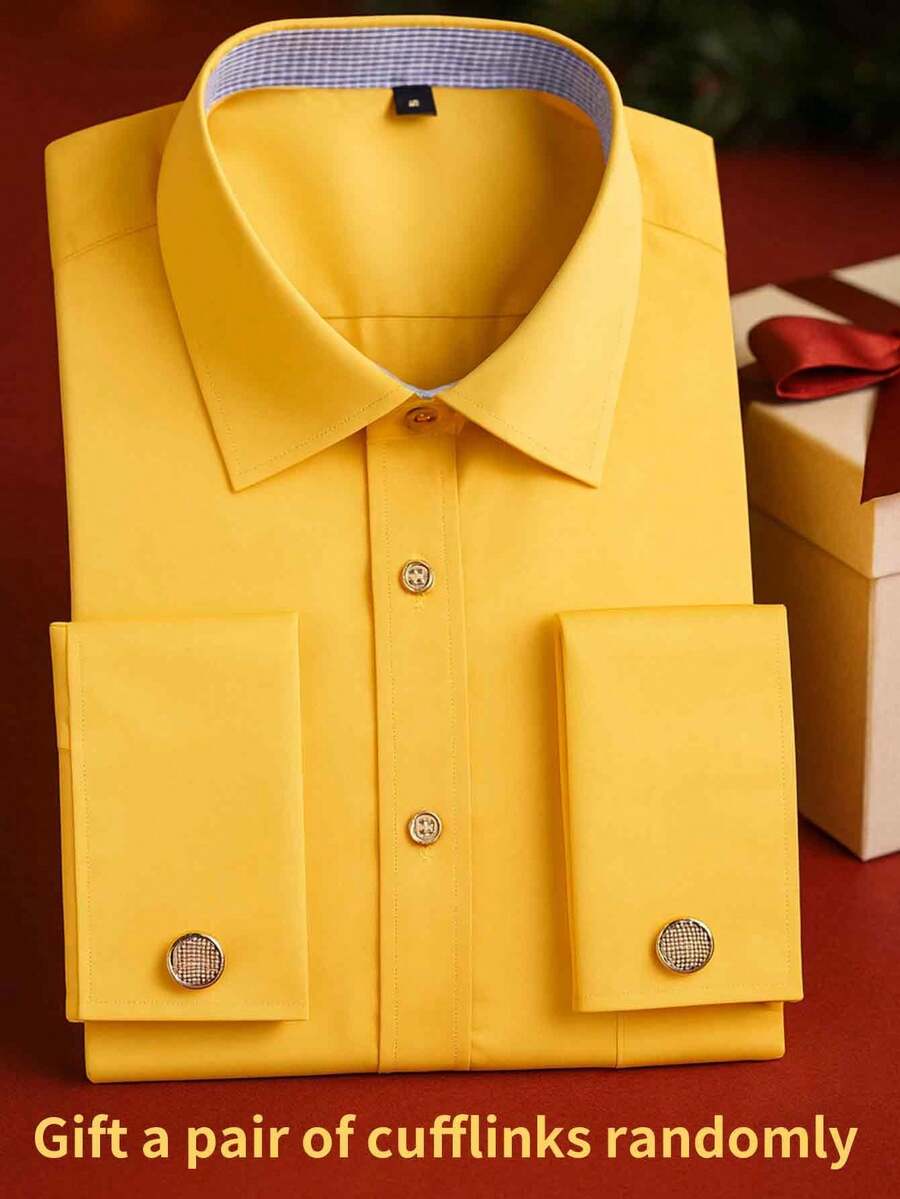 1pc Men's French Cuff Long Sleeve Formal Dress Shirt, Groom & Groomsman Wedding Party Attire, Comes With Random Cufflinks - Màu vàng - Xem 1