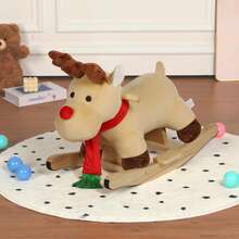 Kids Ride-On Rocking Horse Toy With Lullaby Song,Moose Rocking Toy With Hand Puppets And Safety Belt For Children 1-3 Years,Soft Plush Fabric,Apricot,CPC Certified - mơ + nhung + cotton - Xem 9