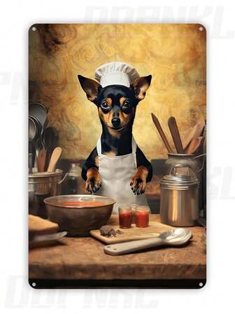 1pc Miniature Pinscher Chef Iron Wall Art, 8x12inch Metal Tin Sign, Funny Dog Cooking Poster, Kitchen Decor, Bedroom & Living Room Decoration, Unique Gift Idea