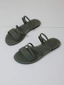 Women's Stylish Criss - Cross Strap Slide Sandals, Open Toe, Flat Heel, Chic Style, Green, Faux Suede Material, Summer Daily & Vacation Shoes - 綠色 - 查看 6
