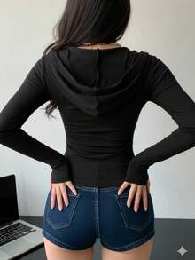 Long-Sleeved Gym T-Shirt With Hood, Front Zipper, And Sweatshirt In Supplex Fabric. - Màu Đỏ Sâu - Xem 2