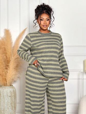 BIUBIU Women's Plus Size Fashion Casual Two Pieces Set, Long Sleeved Top And Fitted Pants Set, Two Tone Sweater Striped High Stretch Knit, Suitable For Home/Casual Outdoor/Office Use