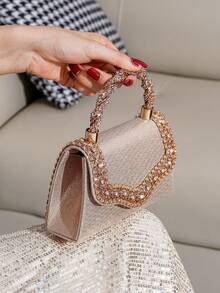 闪亮水钻装饰手提包，欧美风时尚派对手拿包，优雅女士钱包，可作口红包、手机袋，派对必备，百搭女士包 - 香檳色 - 查看 2