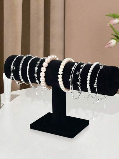 1pc Sunlight Shiny Bracelet Display Stand, Elegant Black Velvet T-Shape Bracelet Storage Rack, Black Jewelry Tower, Luxury Wooden Bracelet Holder With Velvet Cover, Desktop Jewelry Display Stand