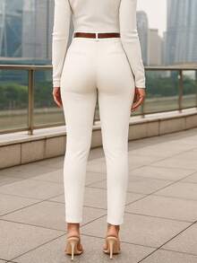 Pantalón Ajustado para Dama con Cinturón.  Tela Elástica - Blanco - Ver 2