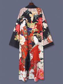 Kimono de manga 3/4 de longitud media con estampado floral, chaqueta fina y elegante de uso casual para mujer, adecuado para la calle, la playa, los viajes, las vacaciones, bata ligera, incluye faja Primavera Negro - Negro - Ver 2