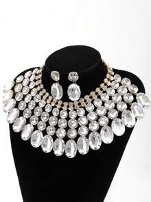 奢华水晶水钻项链耳环套装，优雅合成宝石首饰，色彩鲜艳，配饰精致，开斋节礼物 - 白色 - 查看 2