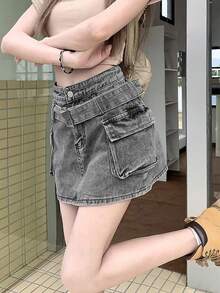 Solid Color Washed High Waist Cargo Bodycon Mini Skirt With Belt, Street Style Women Denim A-Line Skirt